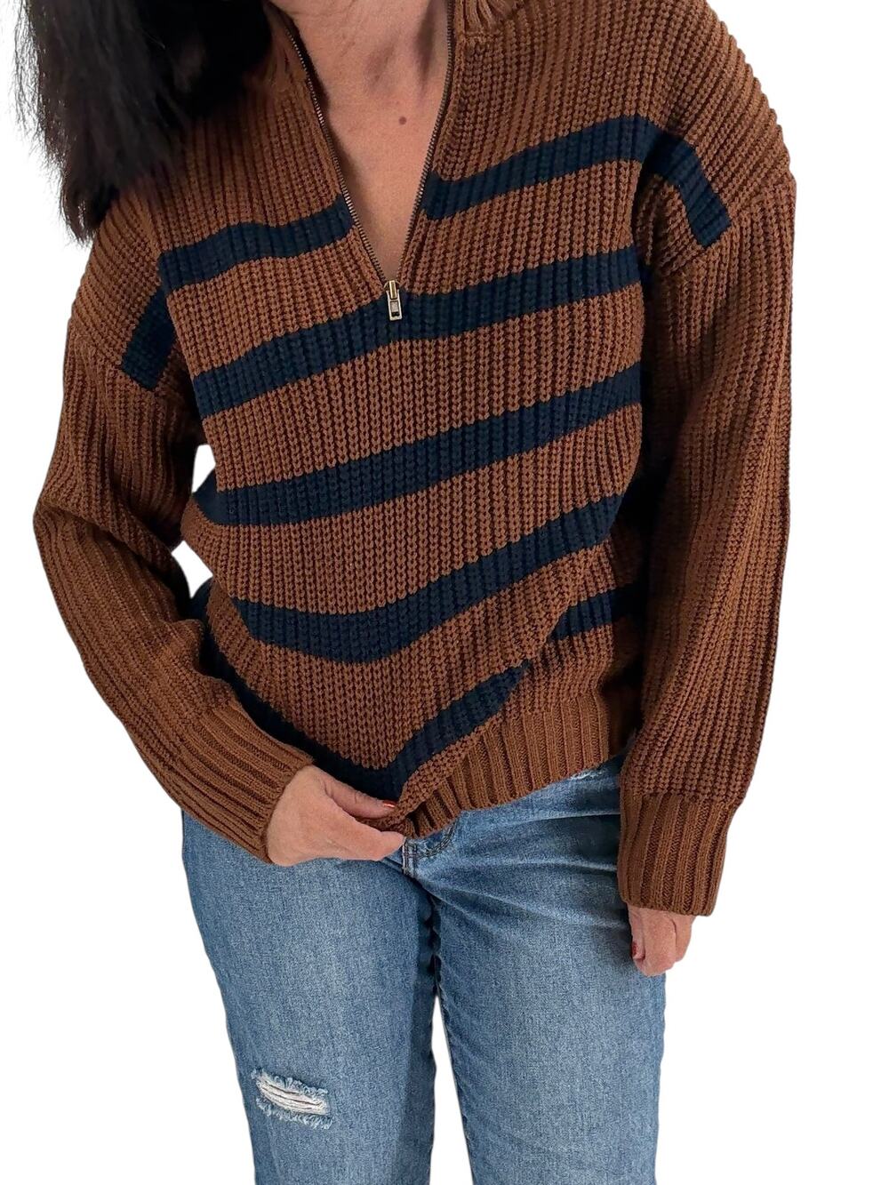 SANCTUARY Sweater Size S Sporty Zip Up Sweater Half Zip NEW Brown Black Stripe